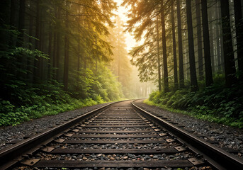 Fototapeta premium Railway tracks going deep into misty forest. Magic AI generated landscape. Digital illustration. CG Artwork Background