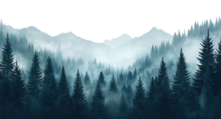 PNG Mysterious misty forest aerial view with foggy mountains and green pine trees in a natural landscape outdoors scenery nature.