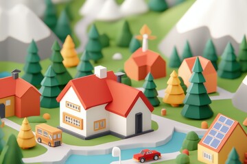 Smart city with renewable energy, green buildings, solar and wind integration, 3D illustration