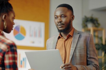 Obraz premium Looking At Data. Confident Afro-American Businesswoman Leading Team Meeting with Laptop