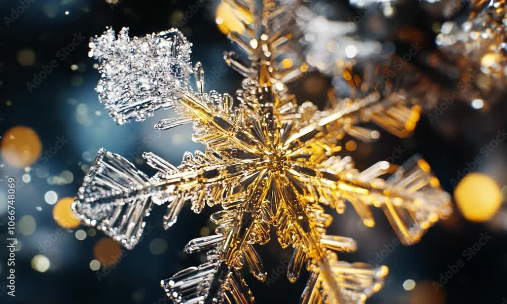 Poster a close-up of a snowflake, its intricate details highlighted with shimmering gold paint, capturing t