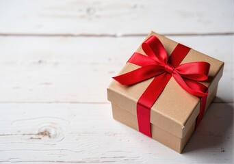 Gift with red ribbon on the white wooden background
