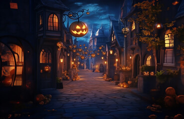 Halloween background,Halloween street houses,street with  with and pumpkins for halloween at night.