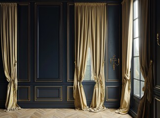 Elevated view of a timeless home setting with a navy wall panel and luxurious gold curtains.