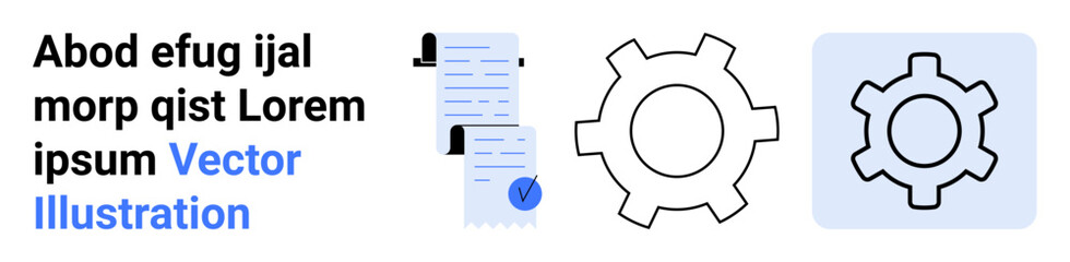 Two cogwheel icons and a checklist document with a checkmark. Ideal for workflow, process management, productivity, engineering, systems, task management, automation. Landing page