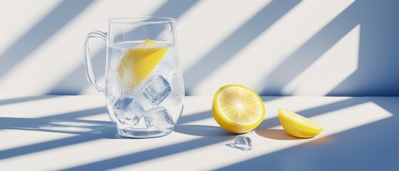 Water pitcher with ice cubes and lemon slices refreshing scene 3D illustration, isolated on white background