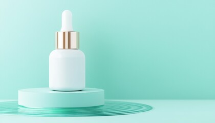 White skincare dropper bottle resting on rippling aqua water, perfect for showcasing clean beauty, freshness, and luxury hydration