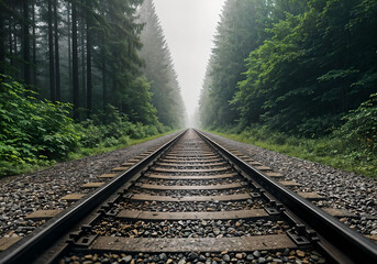 Fototapeta premium Railway tracks going deep into misty forest. Magic AI generated landscape. Digital illustration. CG Artwork Background