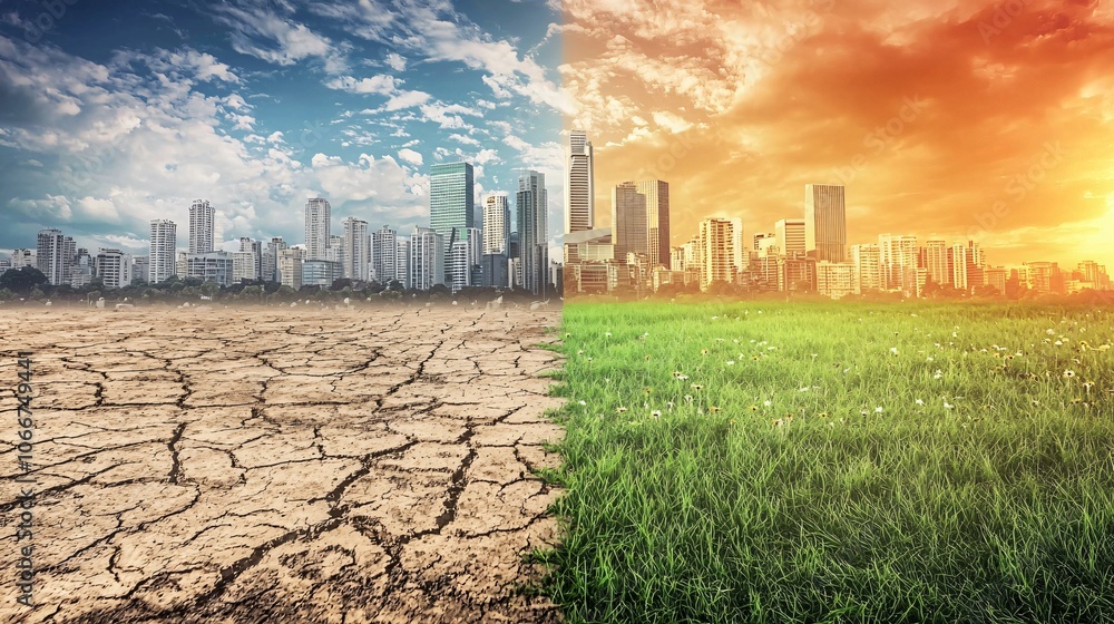 Aufkleber cities transform from drought to lush greenery exploring net zero climate policy alignment for susta