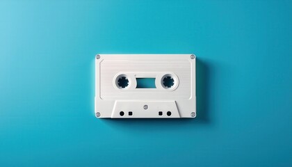 Fototapeta premium Minimalist Close-Up of Vintage White Cassette Tape on Aqua Background. Conceptual Representation of Nostalgic 1980s Media, Environmental Impact of Plastic Waste, and Analog Audio Technology