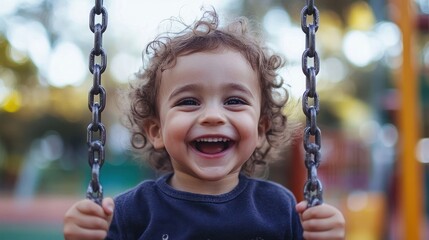 A young child with curly brown hair laughs while holding a swing chain