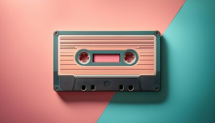 Obraz premium Retro Pastel Audio Cassette on Dual Toned Peach and Teal Background. Iconic 80s and 90s Music Memorabilia Perfect for Nostalgia Themes, Analog Media Concepts, and Minimalist Design Projects