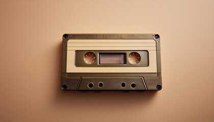 Fototapeta premium Retro Beige Audio Cassette Tape on Smooth Monochrome Background. Ideal for Concepts of Nostalgia, Vintage Music Media, Analog Sound Recording, and 1980s 1990s Pop Culture Aesthetic