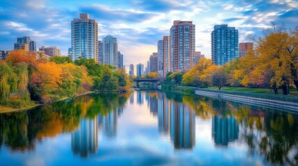 Fototapeta premium Serene Cityscape with Reflections in Calm Water
