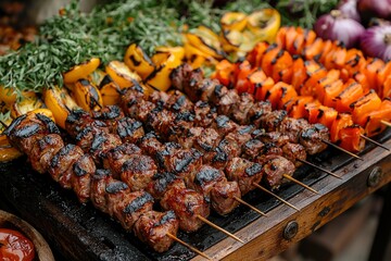 Grilled Meat and Vegetable Skewers on a Wooden Board