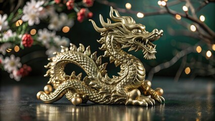 Fototapeta premium A beautifully crafted golden dragon figurine set against a blurred festive background, showcasing intricate details and vibrant colors.