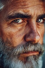 Portrait of a man with a long beard, focused expression