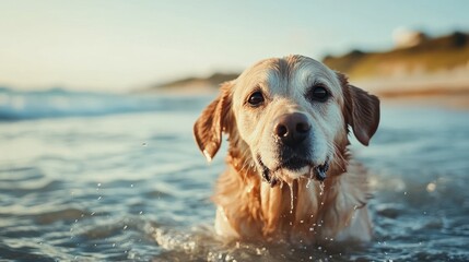Golden Retriever Dog Emerging From Water With Droplets