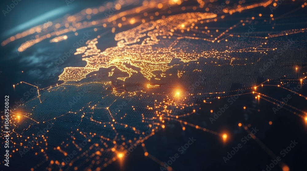 Poster illuminated map of europe with data connections