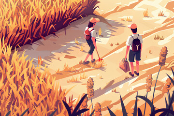 Obraz premium 畑と若いカップルの風景