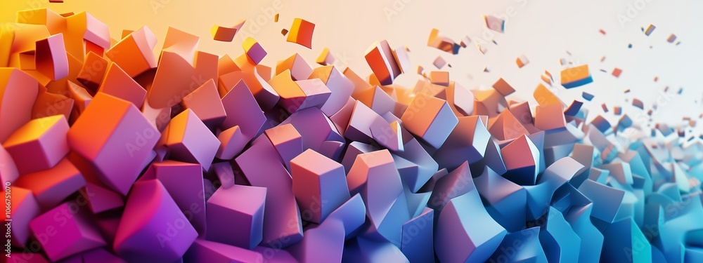 Poster colorful abstract design of geometric cubes in dynamic arrangement with a gradient background showca