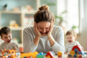 A stressed parent with their head in their hands, surrounded by children's toys and crying kids.