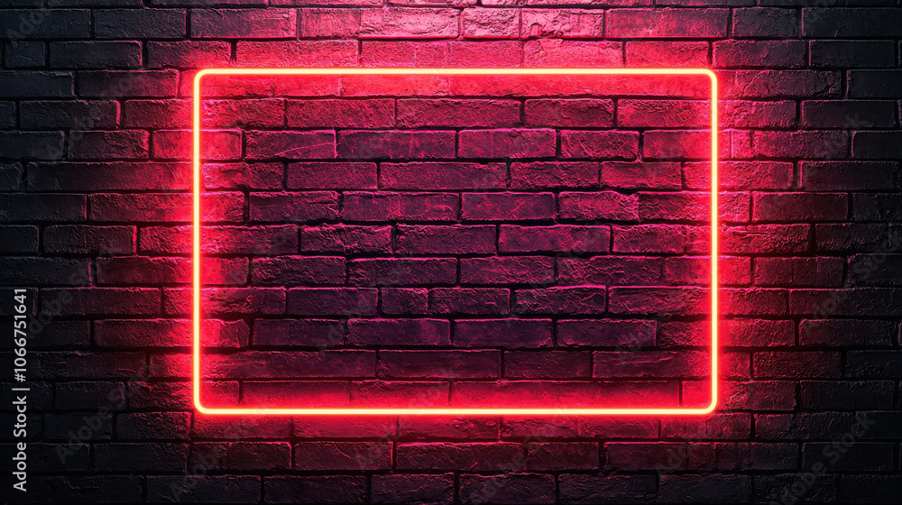 Poster a vibrant neon red frame against a dark brick wall, perfect for creating a bold visual statement in 
