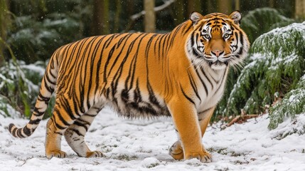 Fototapeta premium A Siberian tiger stealthily stalking through deep snow in a forest. The rich orange of its fur stands out against the white landscape