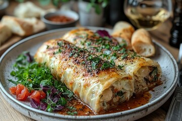 Stuffed Cabbage Rolls with Parsley and Sauce on a White Plate