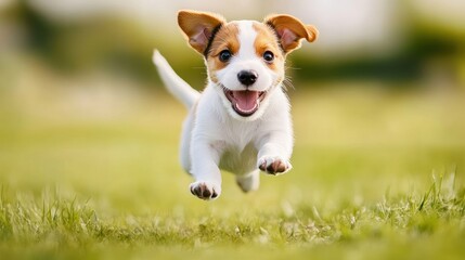 A Joyful Jack Russell Terrier Puppy Leaping Through Grass
