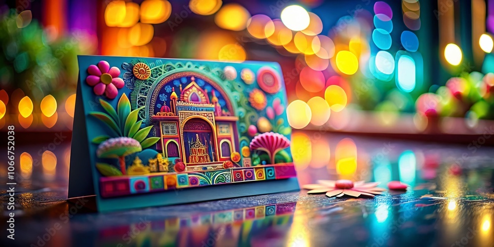 Poster vector paper card with shadow in a tilt-shift perspective, showcasing vibrant colors and intricate d