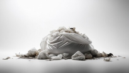 Pile of White Plastic Waste Bags and Scattered Trash on Clean Background Depicting Pollution and Waste Management Challenges for Environmental Conservation and Sustainability Concepts