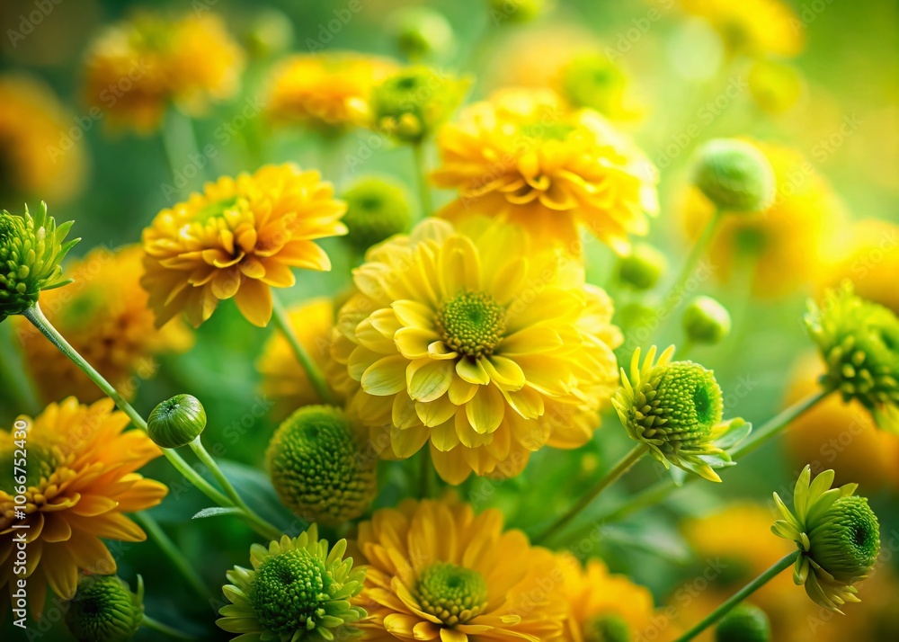 Poster vibrant abstract background featuring beautiful yellow and green flowers in soft focus with a tilt-s