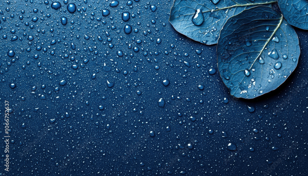 Poster a serene close-up of droplets on a dark surface with blue leaves, creating a calm and refreshing atm
