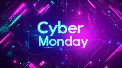 Banner with futuristic background and text "Cyber Monday" on purple blue geometric pattern background neon green and electric violet blue. 