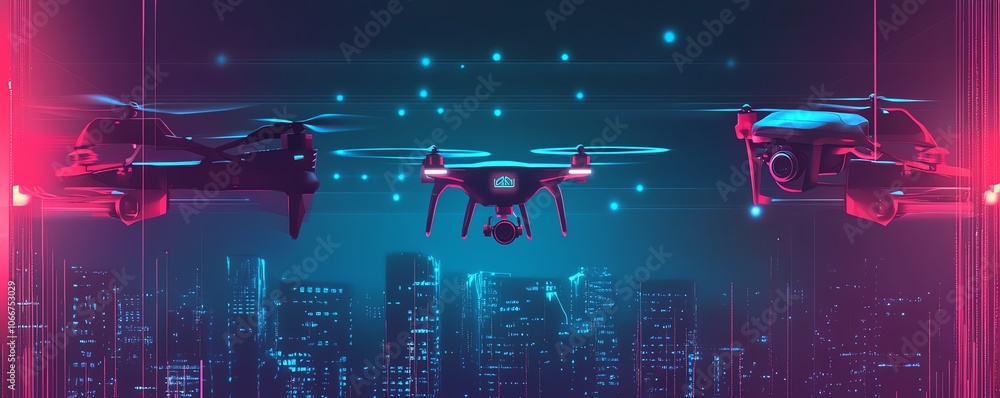Poster drone technology with coding interface, human and ai teamwork, flat design illustration