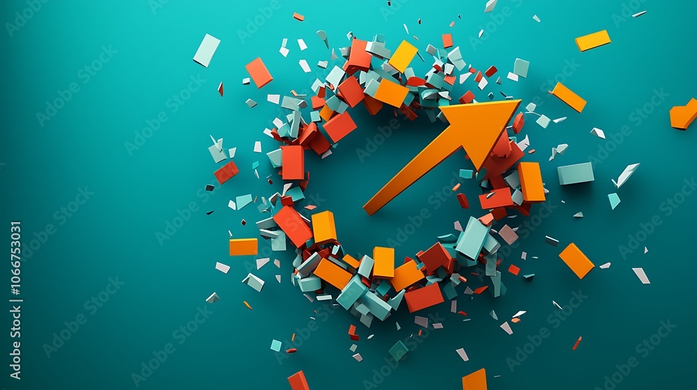 Poster a colorful explosion of blocks with a yellow arrow pointing upwards