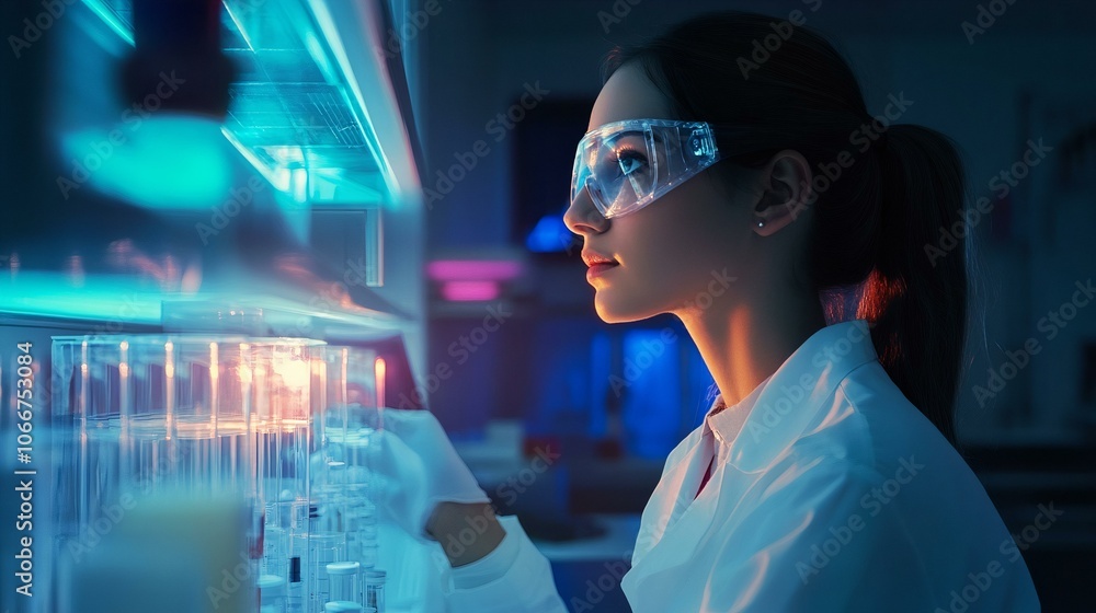 Wall mural female scientist observing laboratory experiment