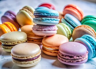 Obraz premium Vibrant Assortment of Colorful Macarons on a Clean White Background - Delicious Pastry Treats for Dessert Lovers and Food Photography Enthusiasts