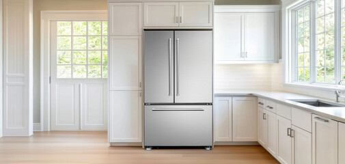 Fototapeta premium Side-by-side refrigerator in a minimalist kitchen, stainless steel finish symbolizing durability, functionality, and cooling excellence