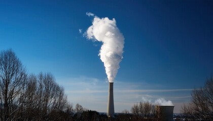 Heavy Industrial Smoke Emissions from Factory Chimney Against Clear Blue Sky. Illustrating Air Pollution, Carbon Emissions, and Climate Change Impact on Environment