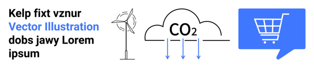 Diagram highlighting wind turbine, CO2 cloud, and blue shopping cart. Ideal for renewable energy, sustainability, carbon footprint, e-commerce, green technology, climate change, environmental impact