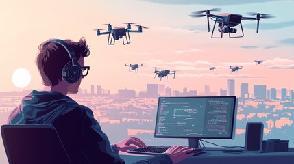 Programmer coding with AI support, drones in the background, flat design illustration