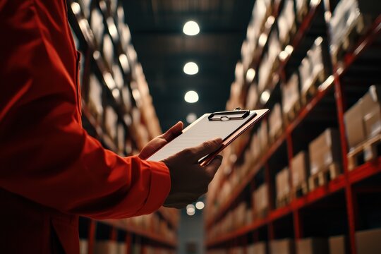 Supervisor conducts digital inventory check using standardized clipboard for enhanced logistics management