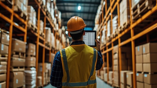 Inventory manager analyzes digital stock report to enhance logistics and management efficiency