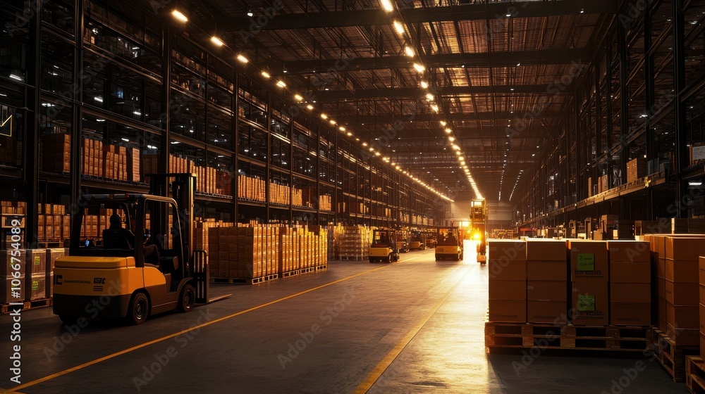 Poster efficiently managing inventory in a large warehouse with forklifts for streamlined logistics operati