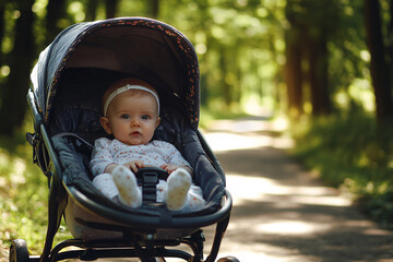 little baby sitting in baby carriage in park in summer