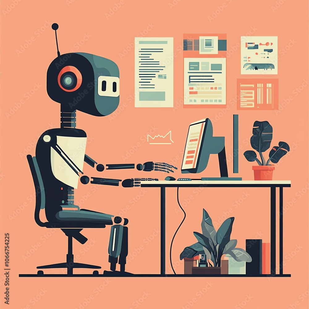 Poster artificial intelligence assisting programmer, tech workspace, flat design illustration