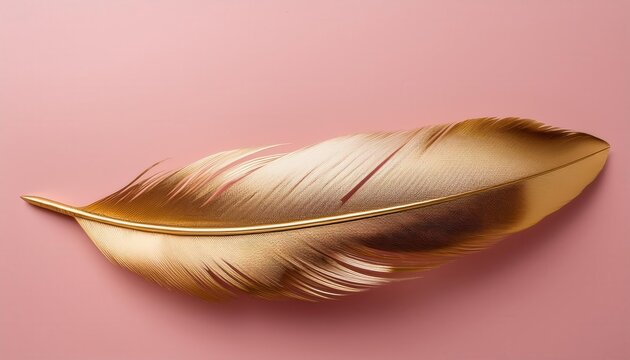 Elegant Golden Feather on Soft Pink Background, Symbolizing Luxury, Lightness, and Inspiration. Ideal for Use in Premium Product Branding, Wellness Concepts, or Creative Design Projects