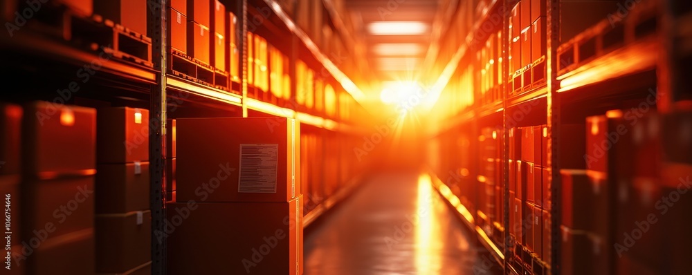 Poster efficiently managing inventory with organized rows of labeled boxes in climate-controlled warehousin